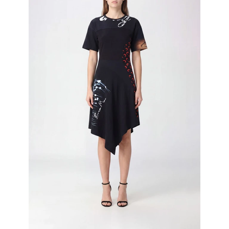 Crescent Moon Graphic Print Asymmetrical Cotton Midi Dress (WDR465AUJER0003BK97)