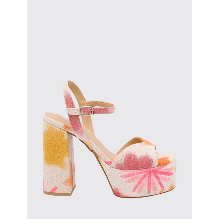 Floral Print Linen Platform Sandals with High Block Heel and Ankle Strap (02618199)