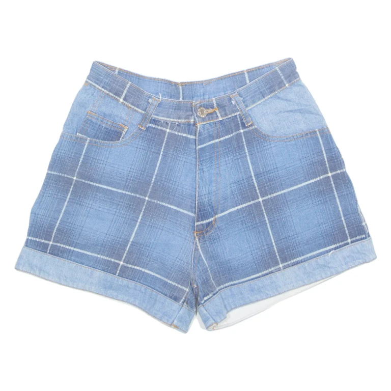 OSCAR FASHION Turn Up Womens Denim Shorts Blue Relaxed 90s Check M W28