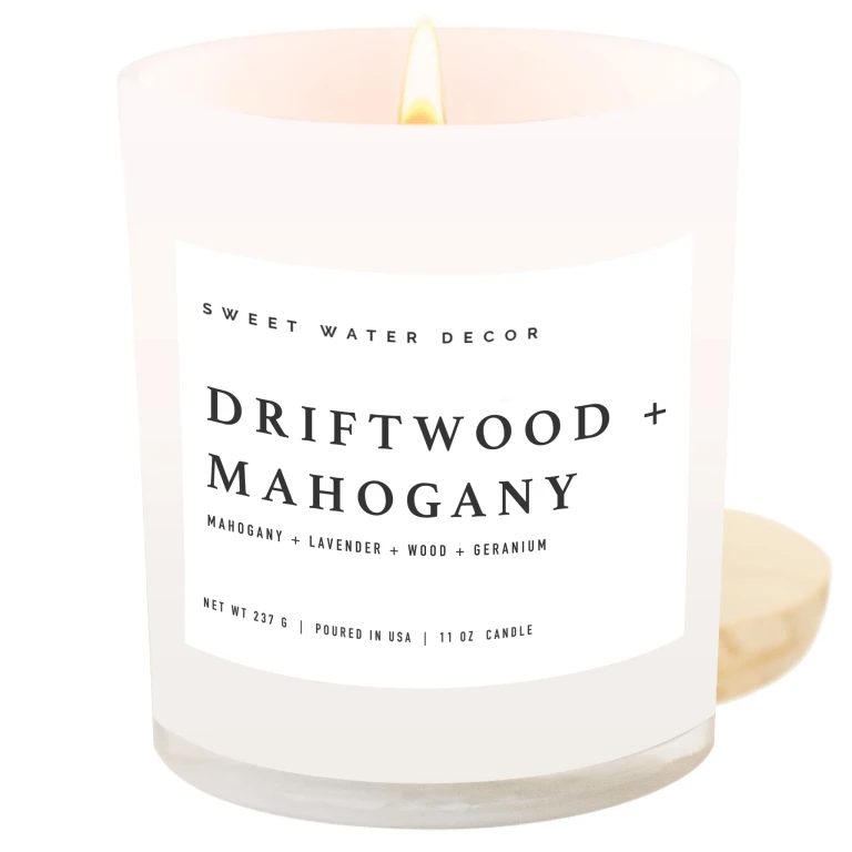Driftwood and Mahogany Soy Candle - White Jar - 11 oz