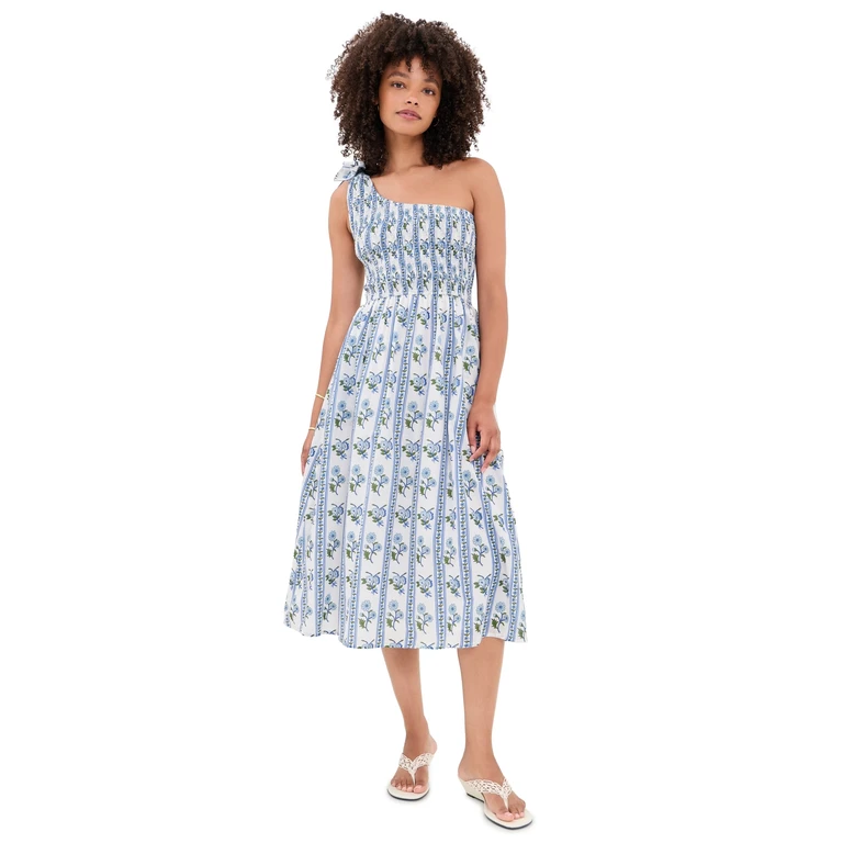 Bowie Cotton Midi Dress BLUE FLORAL STRIPE S