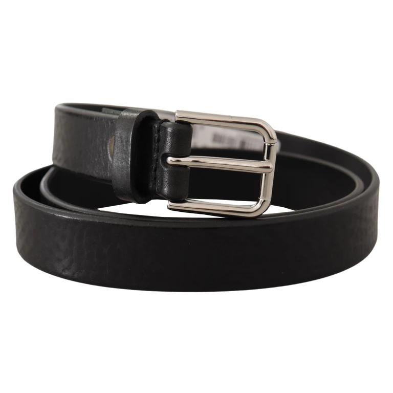 Dolce & Gabbana Black Calf Leather Silver Tone Logo Metal Buckle Belt - Men