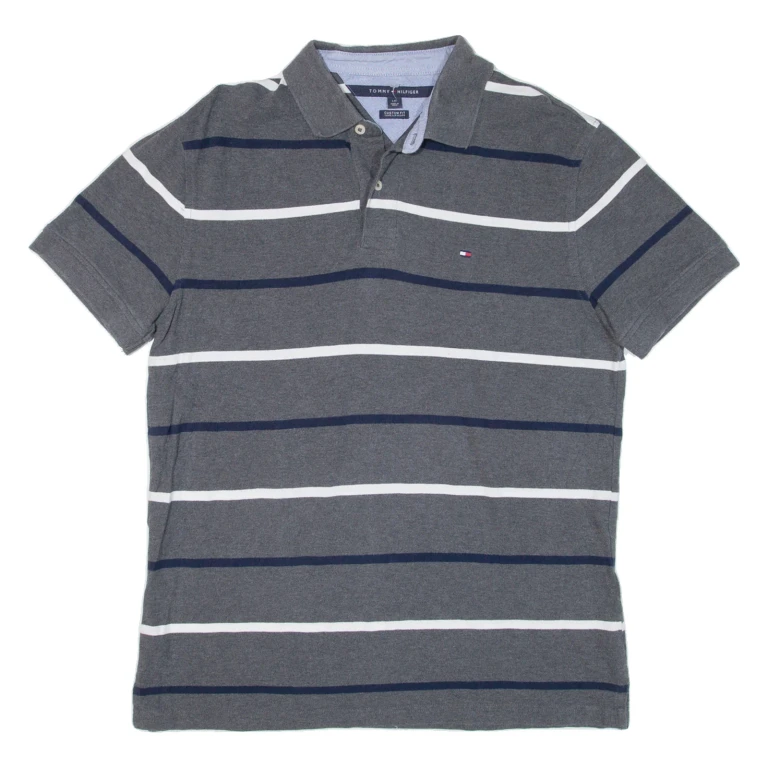 TOMMY HILFIGER Custom Fit Mens Polo Shirt Grey Striped L