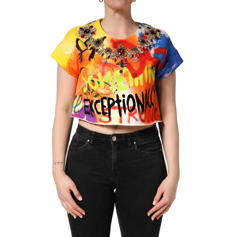 Dolce & Gabbana Multicolor Graffiti Crystals Crop Jersey Top Cotton - Women