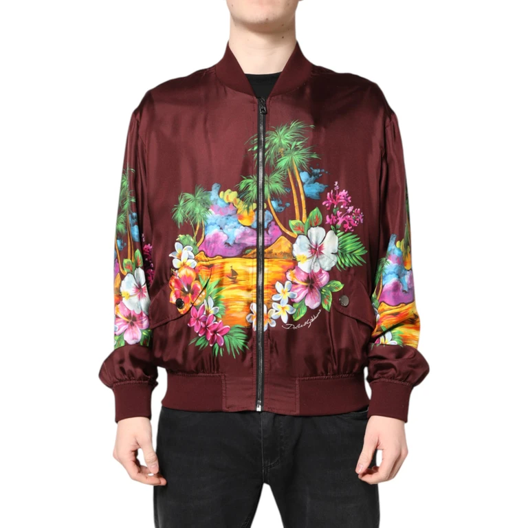 Dolce & Gabbana Maroon Floral Print Full Zip Bomber Jacket Silk Clothing - Men