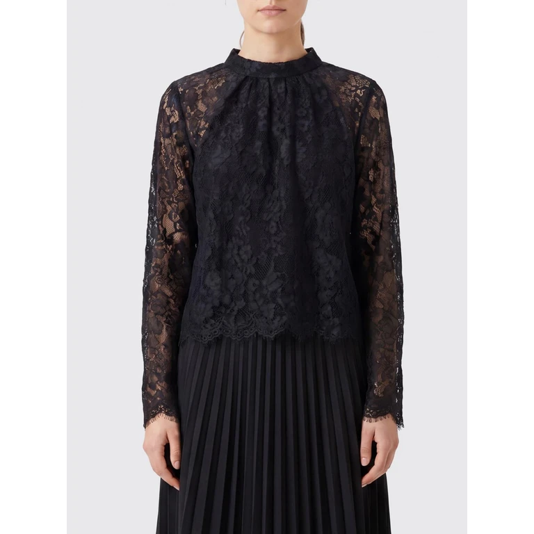 Black Lace Long-Sleeved Blouse with Crew Neck (PF26032TABBLACK)