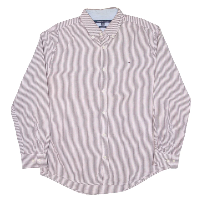 TOMMY HILFIGER Custom Fit Mens Shirt Brown Striped Long Sleeve XL