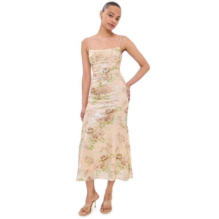 BARDOT Adoni Sequin Mesh Midi Dress Beige Fl 10