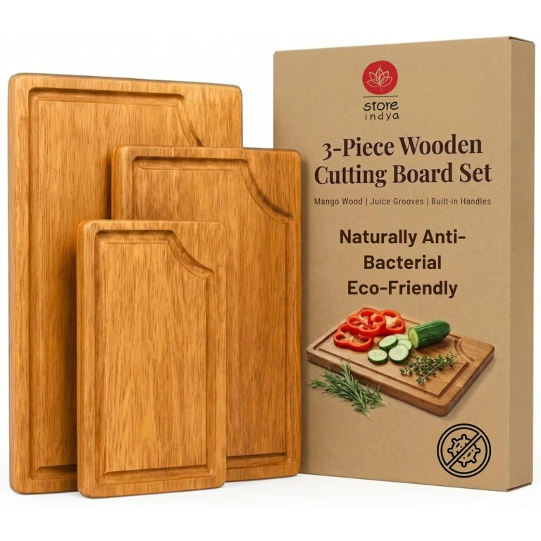 3-Piece Wooden Cutting Board Set with Juice Grooves, Mango Wood Chopping Boards for Kitchen Prep and Charcuterie Serving, Eco Friendly Multi Size Cutting Boards with Built-in Handles (Natural)