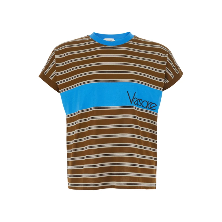 Camiseta de algodón rayada Versace con cuello redondo y ribetes contrastantes