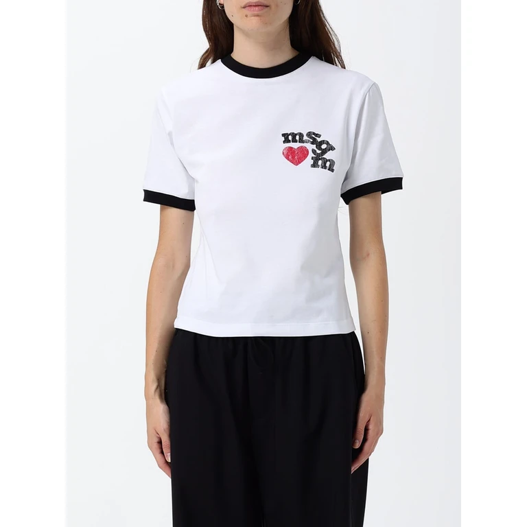MSGM Slim Fit Cotton T-Shirt with Logo Print and Contrast Trims (4042MDM88267002OPTICALWHITE)