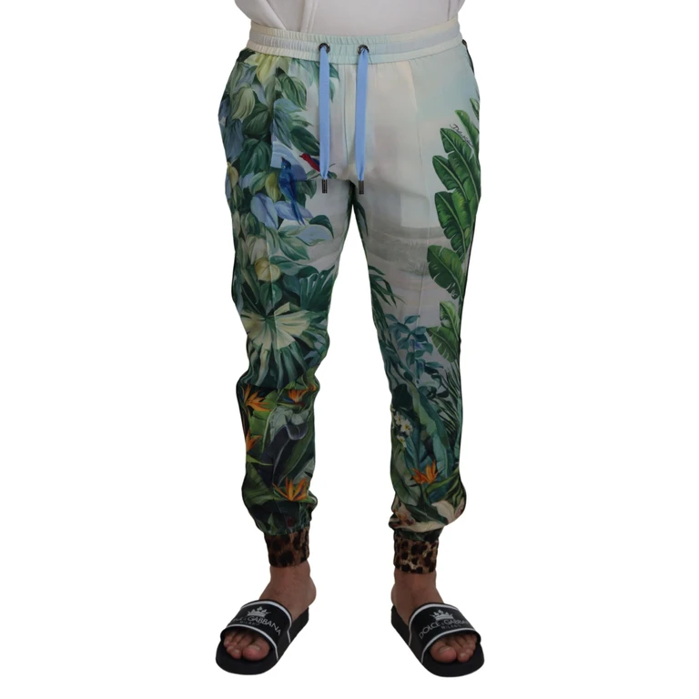 Dolce & Gabbana White Floral Printed Men Jogger Pants Silk - Men