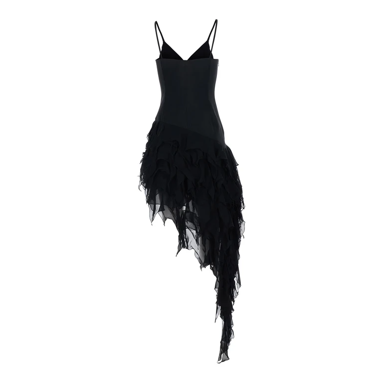 Long Asymmetric Dress Black With V-Neck Polyester For Women - Women