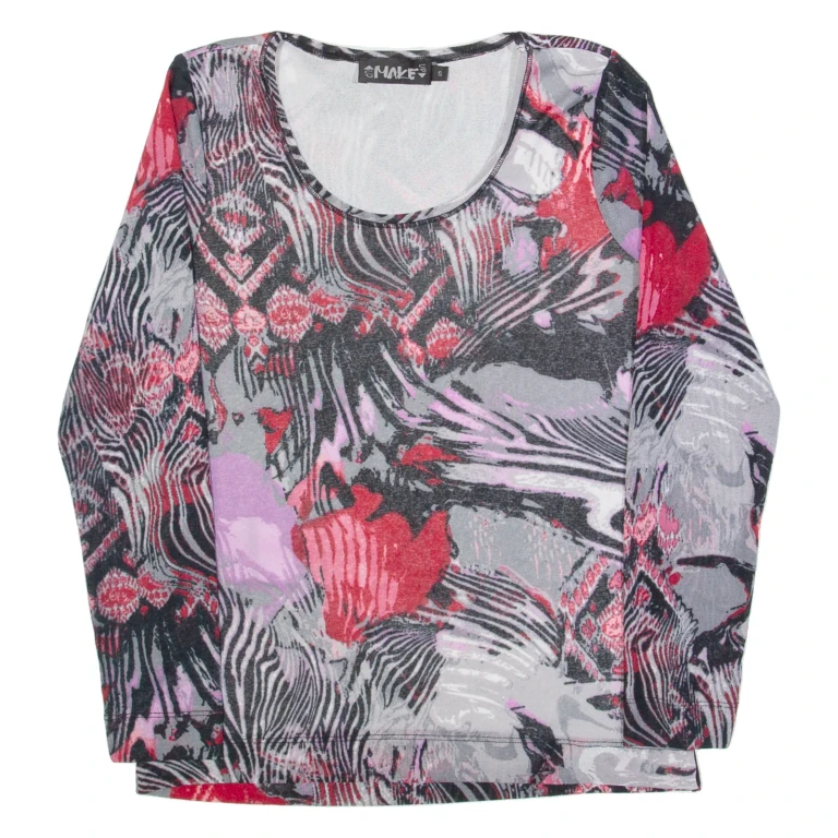MAKE UP Womens Printed Top Grey Long Sleeve Crazy Pattern S
