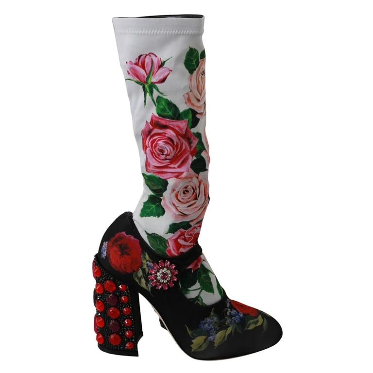 Dolce & Gabbana Black Floral Socks Crystal Jersey Boots Shoes Nylon Polyester Elastane - Women