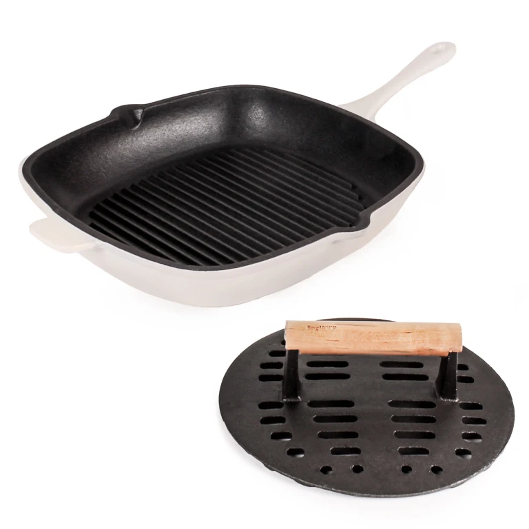 Neo 2pc Cast Iron 11" Grill Pan with Slotted Steak Press, Meringue
