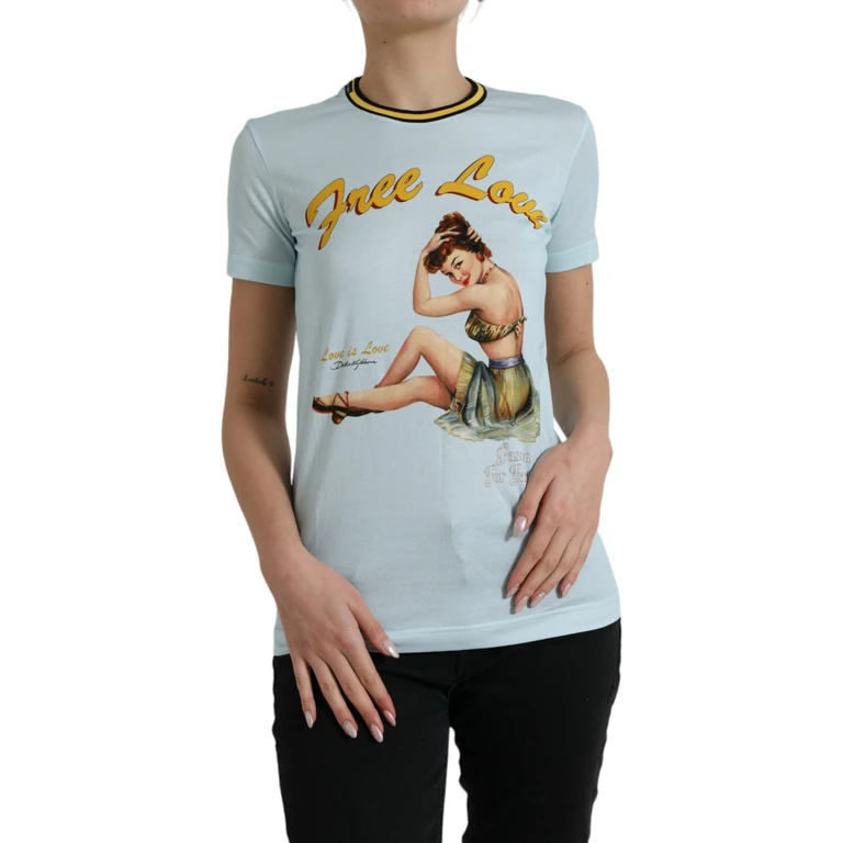 Dolce & Gabbana Light Blue Cotton Free Love Crew Neck T-Shirt - Women