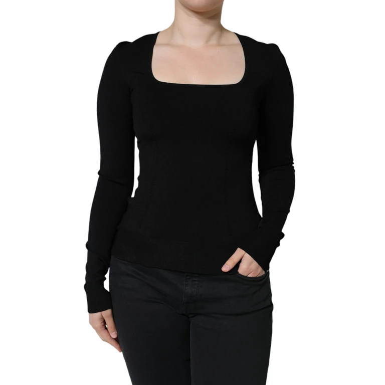 Black Long Sleeves Blouse Square Neck Top - Women