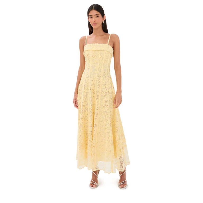 SIMKHAI Imogen Cotton Lace Bustier Midi Dress Buttercream 10