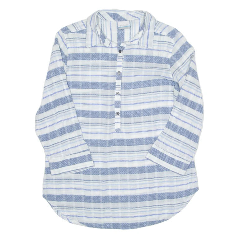 COLUMBIA 1/2 Button Turn Up Sleeve Womens Shirt Blue Striped 3/4 Sleeve M