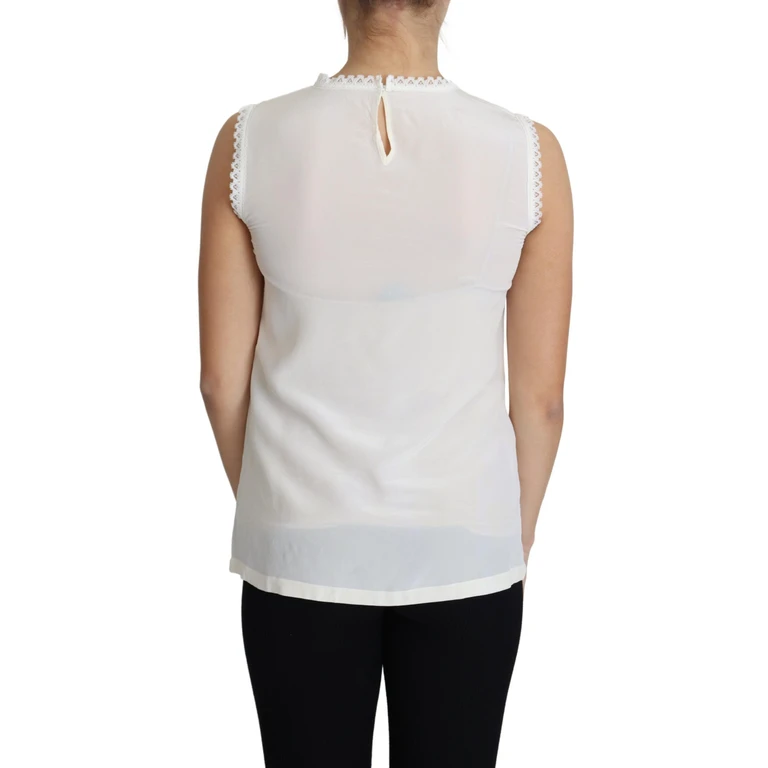 Dolce & Gabbana White Blouse Silk Lace Trimmed Sleeveless Top - Women