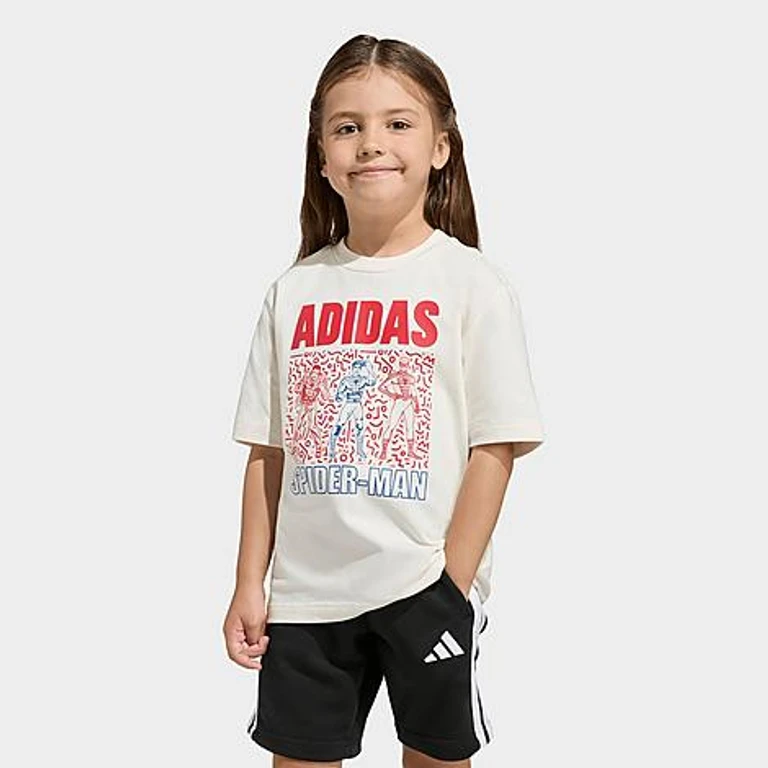 adidas Toddler and Little Kids x Marvel Spider-Man T-Shirt in Off White/Dark Blue Size: XS