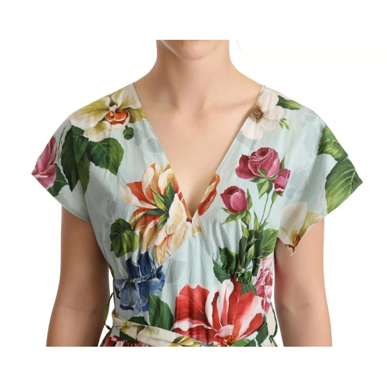 Dolce & Gabbana Green Floral Short Sleeves Cotton V-Neck Dress - Women