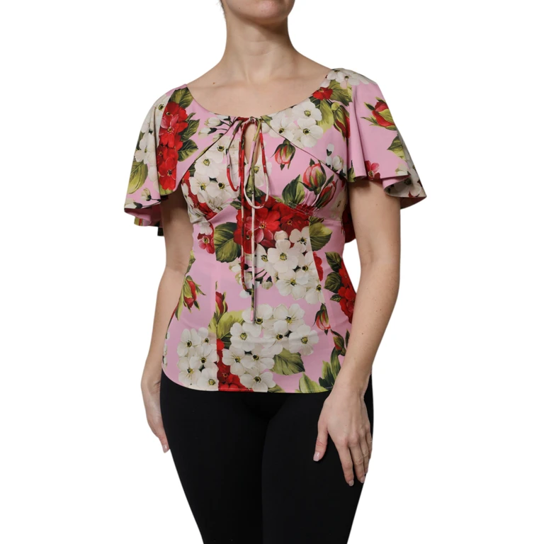 Dolce & Gabbana Pink Floral Silk Short Sleeves Blouse Top Elastane - Women