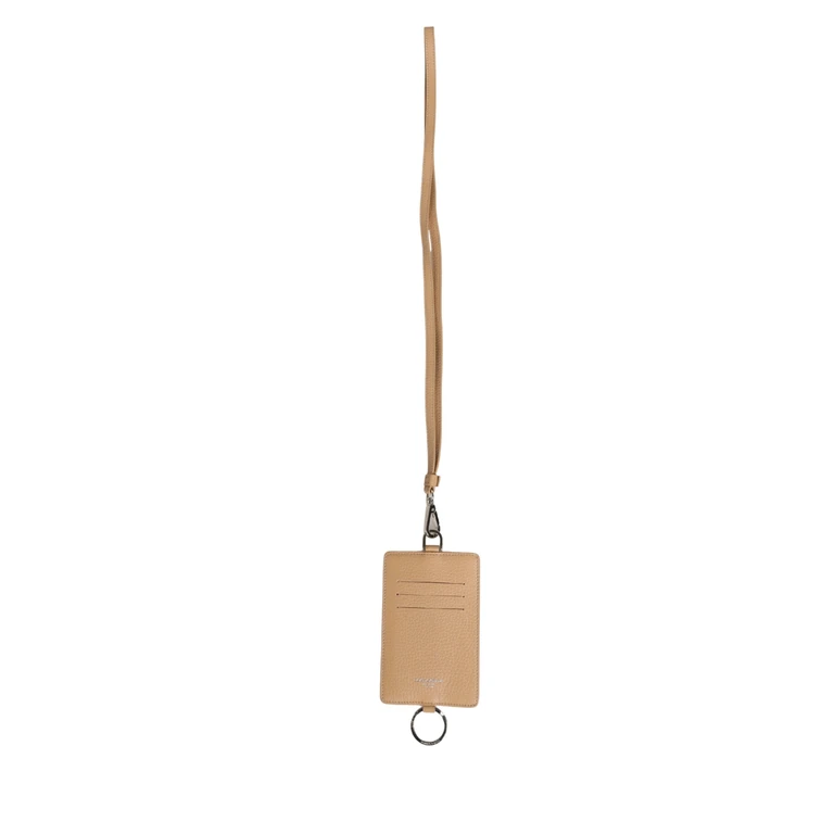 Beige Leather Logo Embossed Lanyard Card Holder Wallet Calf - Men