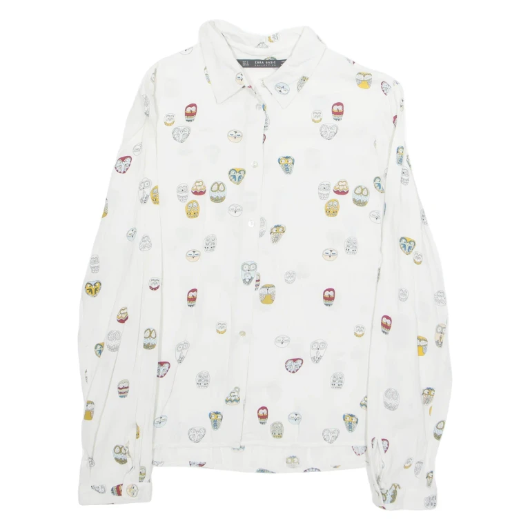 ZARA Womens Printed Shirt White Collared Long Sleeve Crazy Pattern S