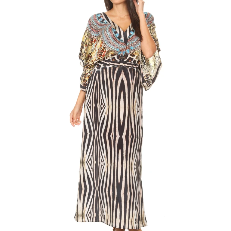 Sakkas Delma Women's Long Maxi Column V-neck Short Sleeve Slim Dress with Print