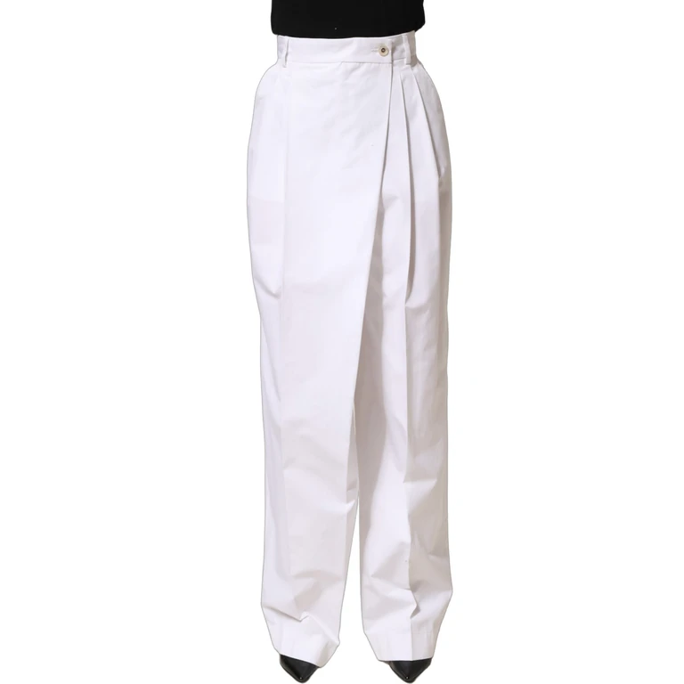 Dolce & Gabbana White Cotton High Waist Pleated Wide Leg Pants Elastane - Women