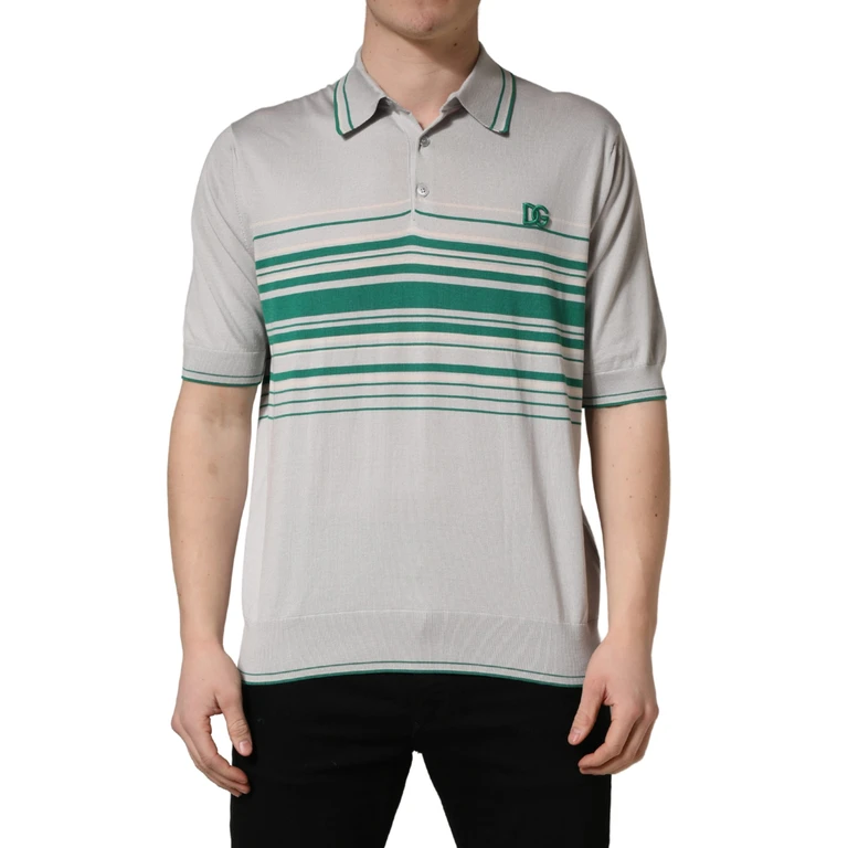 Dolce & Gabbana Gray Green Striped Logo Silk Polo T-Shirt Cotton - Men