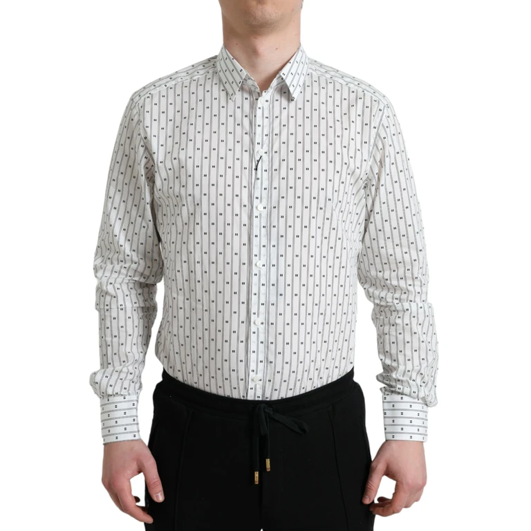 Dolce & Gabbana White Patterned Men Gold Formal Dress Shirt Cotton - Men