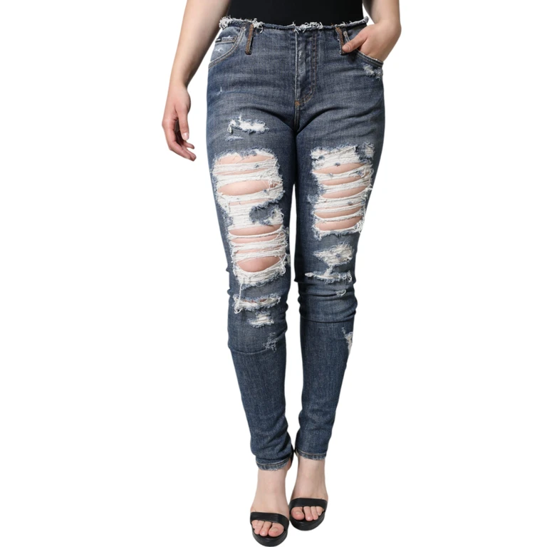 Dolce & Gabbana Blue Cotton Stretch Tattered Skinny Jeans White Elastane Clothing - Women