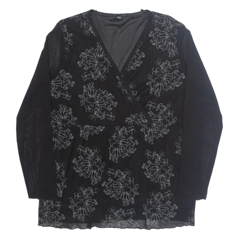 Womens Printed Top Black V-Neck Long Sleeve Floral 3XL