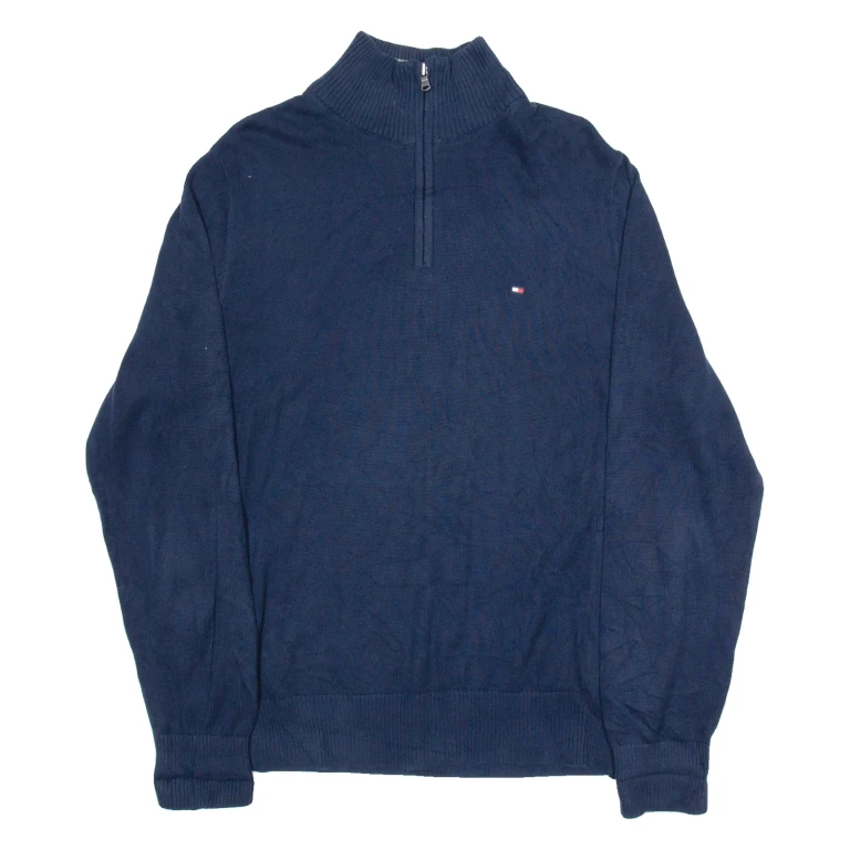 TOMMY HILFIGER Mens Jumper Blue 1/4 Zip Tight Knit L