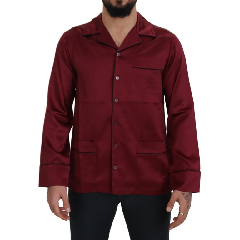 Red Silk Lounge Top Pajama Sleepwear Shirt - Men
