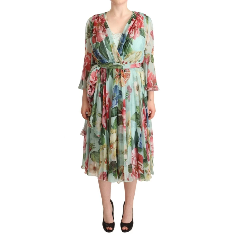 Dolce & Gabbana Multicolor Green Floral Silk Wrap Midi Dress - Women