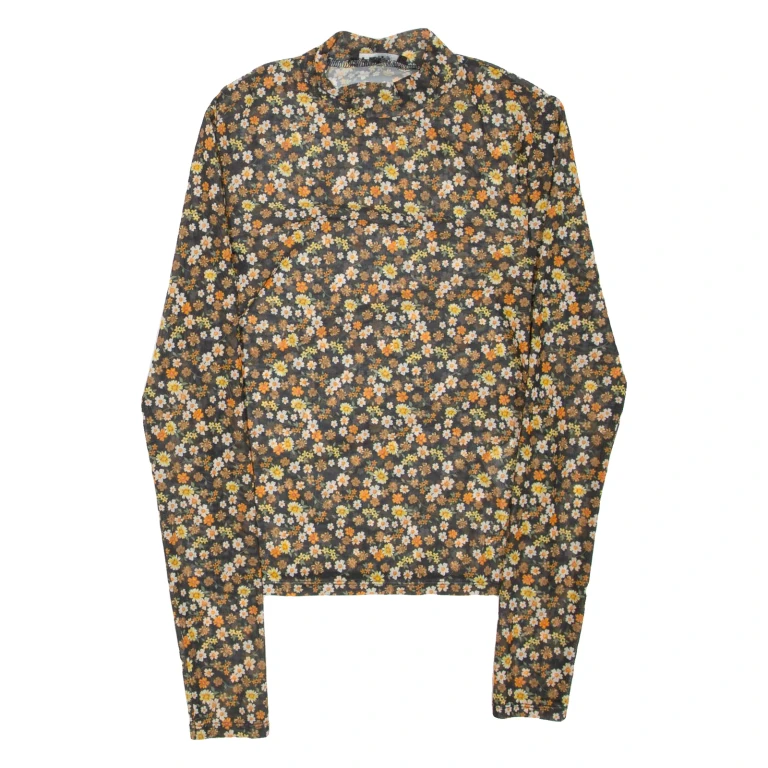 FB SISTER Sheer Womens Printed Top Black High Neck Long Sleeve Floral S