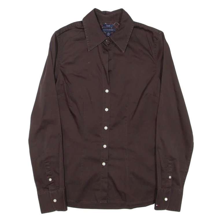 TOMMY HILFIGER Womens Plain Shirt Brown Long Sleeve XS