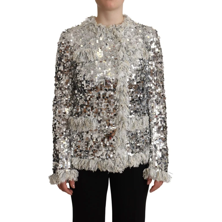 Silver Sequined Shearling Long Sleeves Jacket Nylon Clothing - Women