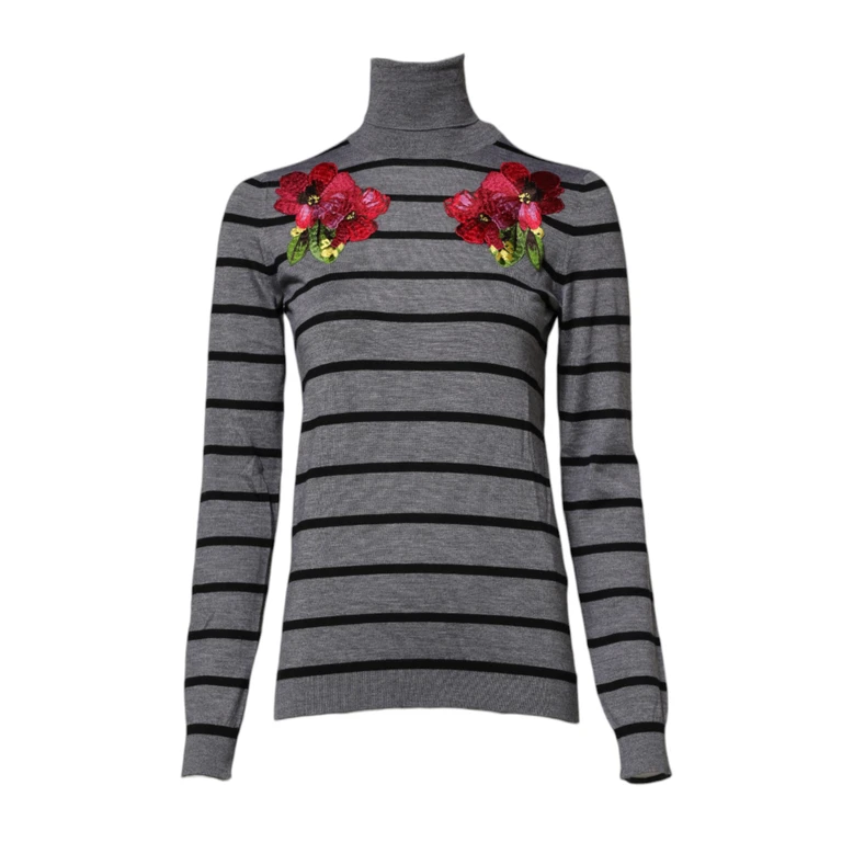 Dolce & Gabbana Gray Floral Embroidery Pullover Sweater Cashmere Silk Clothing - Women