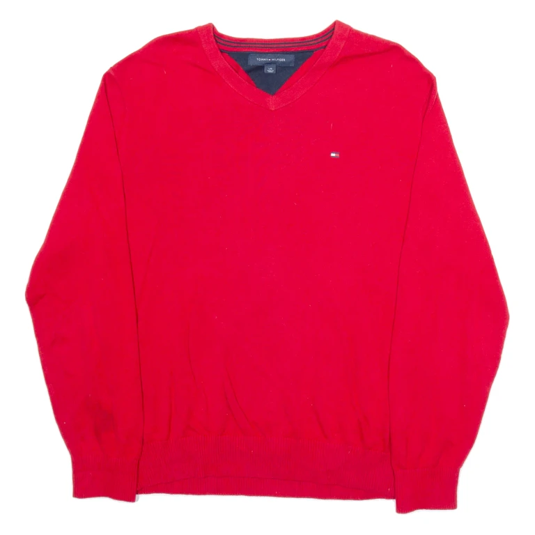 TOMMY HILFIGER Mens Jumper Red V-Neck Tight Knit L