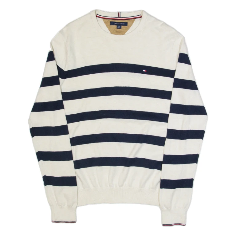 TOMMY HILFIGER Mens Patterned Jumper Beige Striped V-Neck Tight Knit S