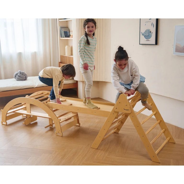 Bazel 6-in-1 Pikler Climber Set Wooden Triangle, Rocker Arch & Slide for Toddlers