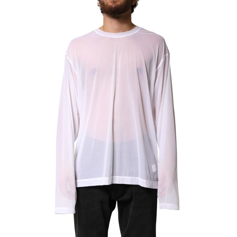 White Nylon Long Sleeves Crewneck T-Shirt - Men