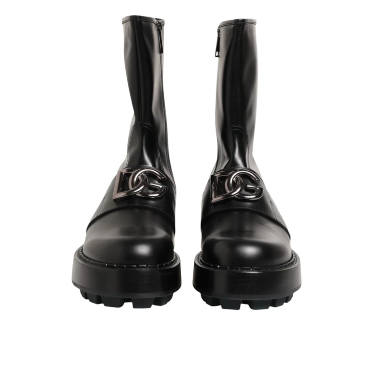 Dolce & Gabbana Black Logo Plaque Mid Calf Biker Boots Shoes 100lf - Men