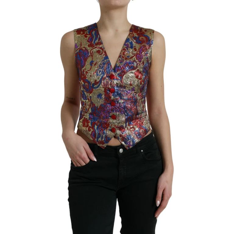 Dolce & Gabbana Multicolor Jacquard Button Waistcoat Vest Top - Women