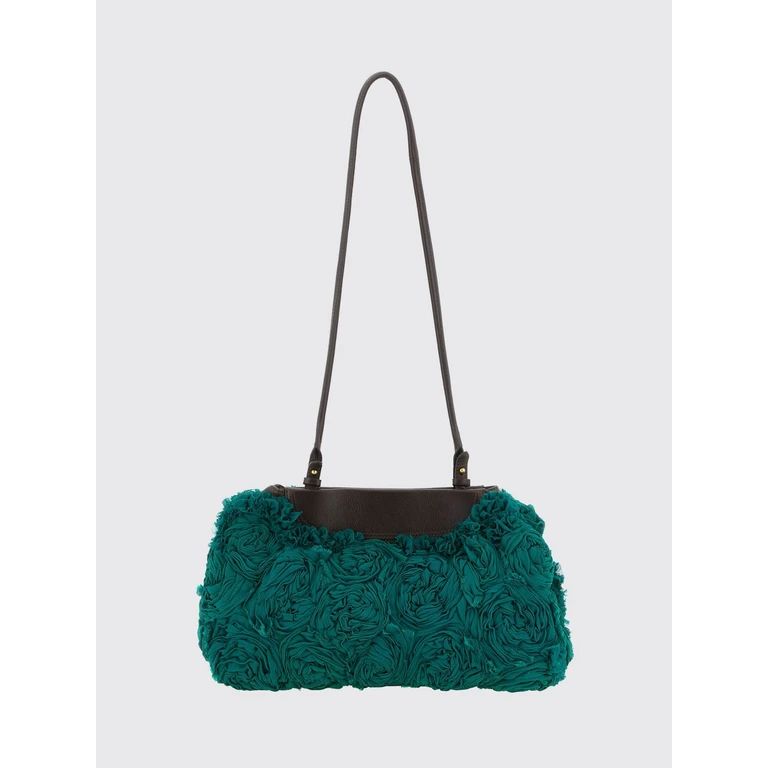 Flared Acetate Shoulder Bag with Embroidery and Leather Handle (2610115683071503)